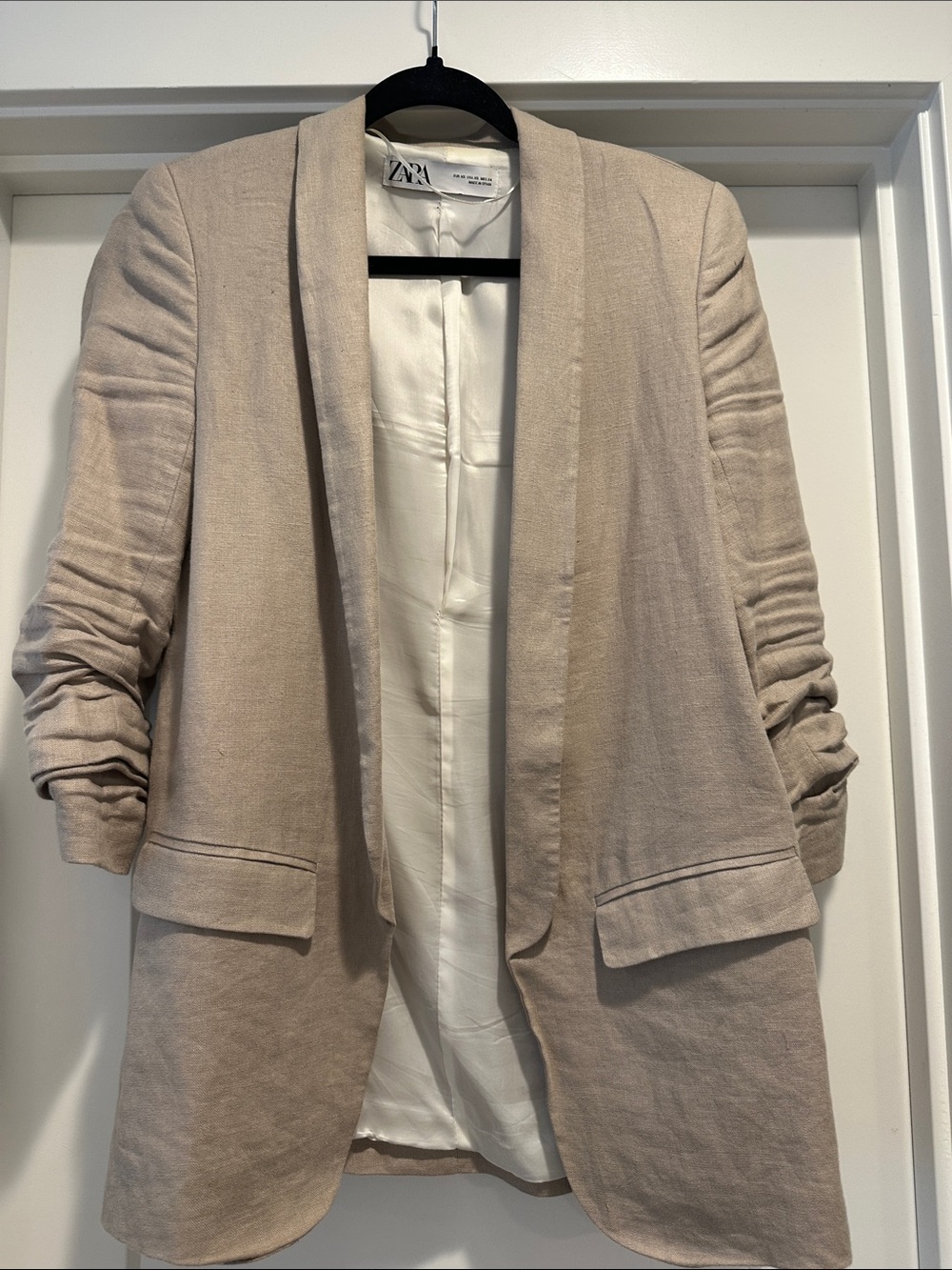 Zara Light Beige Open-Front Ruched-Sleeve Blazer